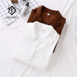 Arrival Solid Peter pan Ruched Collar White Shirt Lantern Sleeve Button Up Casual Brown Sweet Blouse Feminina Blusa