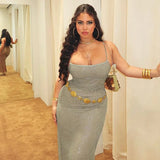 Sexy Bare Back Thin Flash Hot Diamond Suspender Dress Women's 2024 Fashion Temperament Long Dress-Outfit