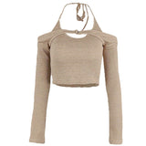 Fongt Pure Desire Wind Hot Girl Women's Sexy V Neck Hanging Neck Exposed Back Strap Vest One Word Collar Long Sleeve Vest