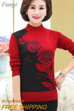 Autumn Winter Middle-aged Women Knit Sweater Print Pullover Turtlenecks Fleece Liner Warm Tops Mother Sweaters Base