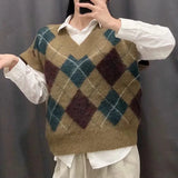V Neck Rhomboid Pattern Knitting Sweater Female Sleeveless Pullover Casual Lady Loose Tops