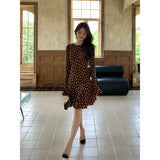 Fongt Design-Sensitive Cocoa Wave Point Slashing Trumpet Sleeves Wave Dot Dress In Autumn 2025