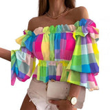Off Shoulder Colorful Pleated Ladies Flare Sleeve