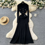 Fongt Fragrant High-End Feel Fashionable Doll Collar Long Sleeve Metal Buckle Waist Knitted Dress Women Autumn Slim Dress