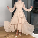 Fongt 2023 New French Hepburn Wind Solid Color High Collar Waist Cake Dress Woman-Outfit