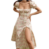 New Women's Wear In Summer Fashion Bubble Sleeve Broken Flower Tie High Forked Dress Summer Dress-Outfit