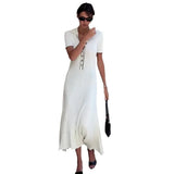 Fongt Summer New Women's Pure Color Collar Simple Long Dress