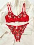 Red Cherry Embroidery Sheer Lingerie Set-Outfit