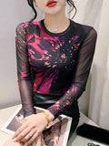 Summer Mesh Tee Long Sleeve Positioning Printing Fairy T-shirts Women's Elegant Slim Fitting Tops-Outfit