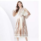 Fongt Famous Woman On Holiday Wrapped With V-Neck Lantern Sleeve Long Retro-Print Dress Elegant Woman