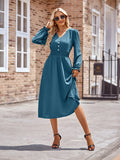 Fongt Autumn And Winter New Women's V Collar Waist Solid Color Long Dress-Outfit
