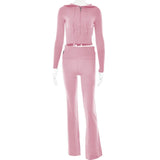 2 Piece Sets Women Tracksuit Long Sleeve Zipper Hooded Sweater Crop Top Flare Pants Stretch Matching Suit Outfit-Outfit