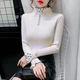 Women's Turtleneck Dot Print Lace Ruffle Pullover Women's Trumpet Sleeve Top Solid Knitwear Trend Sweater Autumn