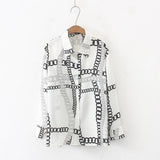 Women Vintage Chain Print Chiffon Blouse Full Sleeve Button Up Turn Down Collar Shirt Casual Office Lady Autumn Tops