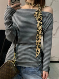Fongt Striped Side-Slanted Shoulder-Slanted Shoulder-Clothed Woman With Thin Waists And Gentle Gentle And Comfortable T-Shirts For Spring And Autumn New Long Sleeves