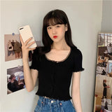 Fongt Retro Girl Soft Lace Collar Knitted Jersey High-Waisted Short-Sleeved T-Shirt