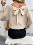 Fongt Women's V-Neck Solid Color Sweater Autumn New Long-Sleeved Casual Loose Bow Top Woman