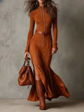 Fongt New Retro Modern Collar Zipper High Open Forked Waist Temperament Famous Style Dress