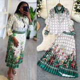 Fongt Suit Female Retro Color Print Bran Long-Sleeved Shirt + High-Waist A Word Half-Dress Skirt