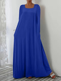 Fongt New Long Dress Casual Loose Long Sleeve Solid Color Collar Dress