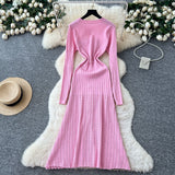 Fongt Small Fragrant High-Grade Metal Buckle Waist Dress Women 2025 Autumn Thin Temperament Hollow Knitted Long Dress