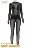 Mesh Patchwork See Through Jumpsuits Women Turtleneck Long Sleeve Slim Fit Pencil Pants One Piece Rompers 2023 Spring