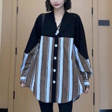 Women's Clothing Korean Striped Blouse Casual V-Neck Loose Spring Autumn Commute Single-breasted Basic Fashion Patchwork Shirt-Outfit