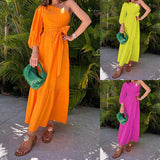 Fongt Spot 2024 Spring New Women's Fashion Temperament Inclined Shoulder Long Cotton And Linen Dress-Outfit