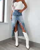 Fongt 2025 Women's New Denim Skirt High Waist Irregular Hair To Do Old Water Washing Skirt Dress