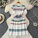 Fongt Fresh Striped Dresses Women's Summer French Oceanic Vintage Design Sensation Sweet National Wind Knitted Skirt