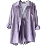 Fongt Women's Wrinkle Collar Long-Sleeved Shirt High-Waisted Rope Shorts Fashion Casual Two-Piece Set