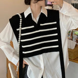 New 2022 Korean Fashion Waistcoat Striped Knitted Oversized Women Autumn Winter Sweater Vests Short Tops