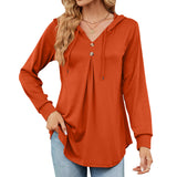 New V-Collar Solid Color Button Drawrope Long Sleeve Loose T Shirt Hoodie-Outfit