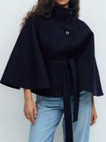 Fongt Women's Autumn And Winter New Fashion Pure Color Cape Collar Collar Belt Wind Coat