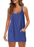 Fongt Summer Solid Sleeveless Dress Fine Shoulder Strap Vest Skirt Sports Skirt Pocket