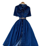 Fongt Version Of Fashion Casual Denim Dress Women Retro Collar Short Sleeve Single Buckle Waist Swing Shirt Long Skirt