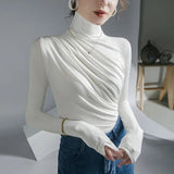 Women Turtleneck Full Sleeve Folds T Shirts Lady High Quality Elegant Elastic Tops Tees Female T-Shirt-Outfit