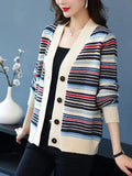 Striped Knit Cardigan Slim Elegant Knitwears Coat Casual Soft Malhas Casaco V-neck Tops Jackets New Woman Sweater