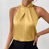 Fongt Women's Clothing 2025 Summer New Color Clove Hanging Neck Sleeveless Vest Ribbon Simulation Silk Top
