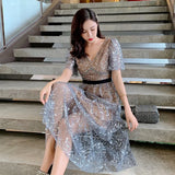 2022 New Arrive Summer Short Sleeve Sequin Midi Dress Sexy V-Neck High Quality Runway Long Dresses