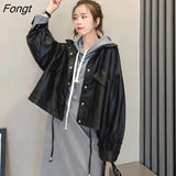 Autumn Winter Faux Leather Jacket Women Oversize PU Leather Coat Loose Casual Streetwear Female