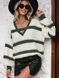 Fongt And Winter New Sweater Woman Loose Knitting Colliding Color V Collar Lantern Sleeves