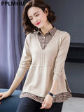 Patchwork Sweater Women Casual Loose Fake Two Piece Knit Tops Spring Fall Lapel Pullover Korean Mom Knitwear Jumper