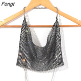 New Rhinestone Tops for Women 2022 Fashion Sleeveless Halter Hollow Out Shiny Metal Cropped Mesh Tank Sexy Backless