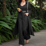 Fongt Spot Hot Style Autumn Women Fashion Medium Long Shirt Strap Straight Leg Wide Leg Pants Three-Piece Suit-Outfit