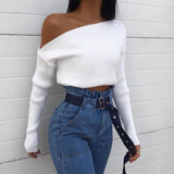 Fongt Women's Spring New Sexy Fashion Long-Sleeved Knitted Shirt Slanted Shoulder Sweater Top Woman