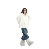 Fongt Autumn White Double Zipper Hooded Stingy Sweater Cardigan Soft Mashed Sweet Hot Girl Blouse