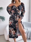 Fongt Spring And Summer Sexy Tie Knotted Flowers Long Sleeve Open Fork Dress Women