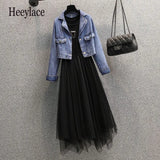Women Autumn Two Piece Set Korean Casual Long Sleeve Denim Jacket And Irregular Mesh Patchwork Dress Set