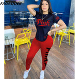 Summer Casual PINK Letter Print Two Piece Sets Women Short Sleeve Top And Skinny Pants Tracksuits Famale 2pcs